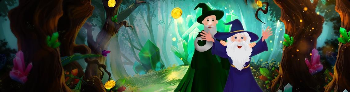 Two cartoon wizards stand smiling in a glowing magical forest with coins and crystals around.