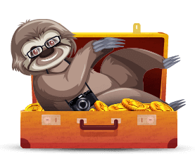 Tourist player level, sloth sitting in a suitcase full of gold coins